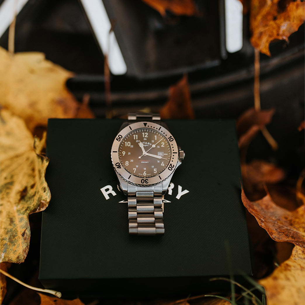 A rotary mens watch in stainless steel with a black dial on a rotary watch box surrounded by leaves