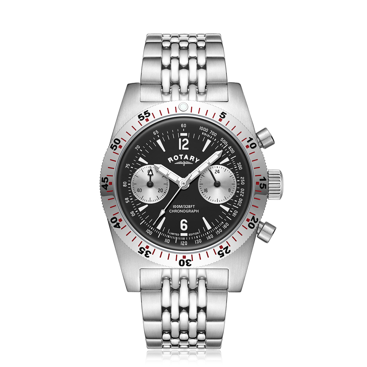 rotary mens chronograph watch with a stainless steel case and black dial. The watch features two subdials in silver, with luminous hour hands and a stainless steel bracelet.