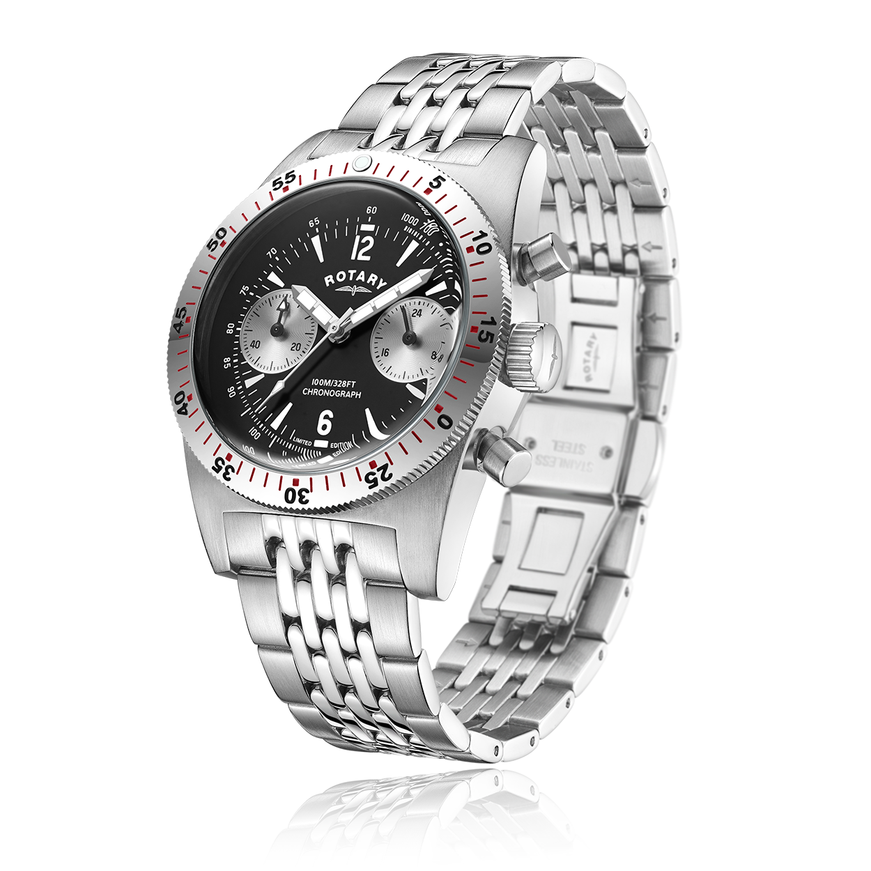 rotary mens chronograph watch with a stainless steel case and black dial. The watch features two subdials in silver, with luminous hour hands and a stainless steel bracelet.