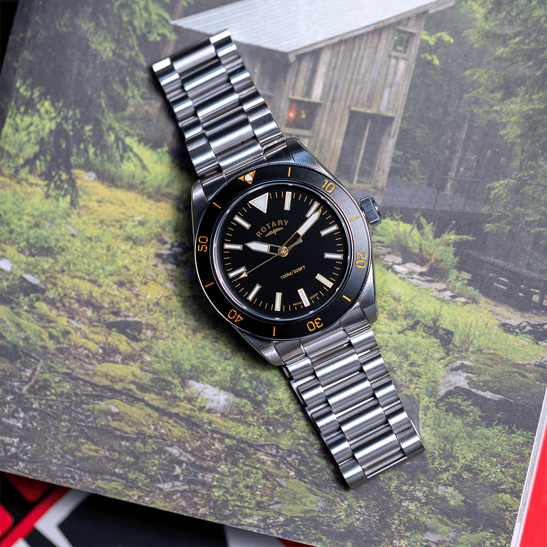 Rotary Heritage Sport watch in stainless steel with a black bezel and a black dial