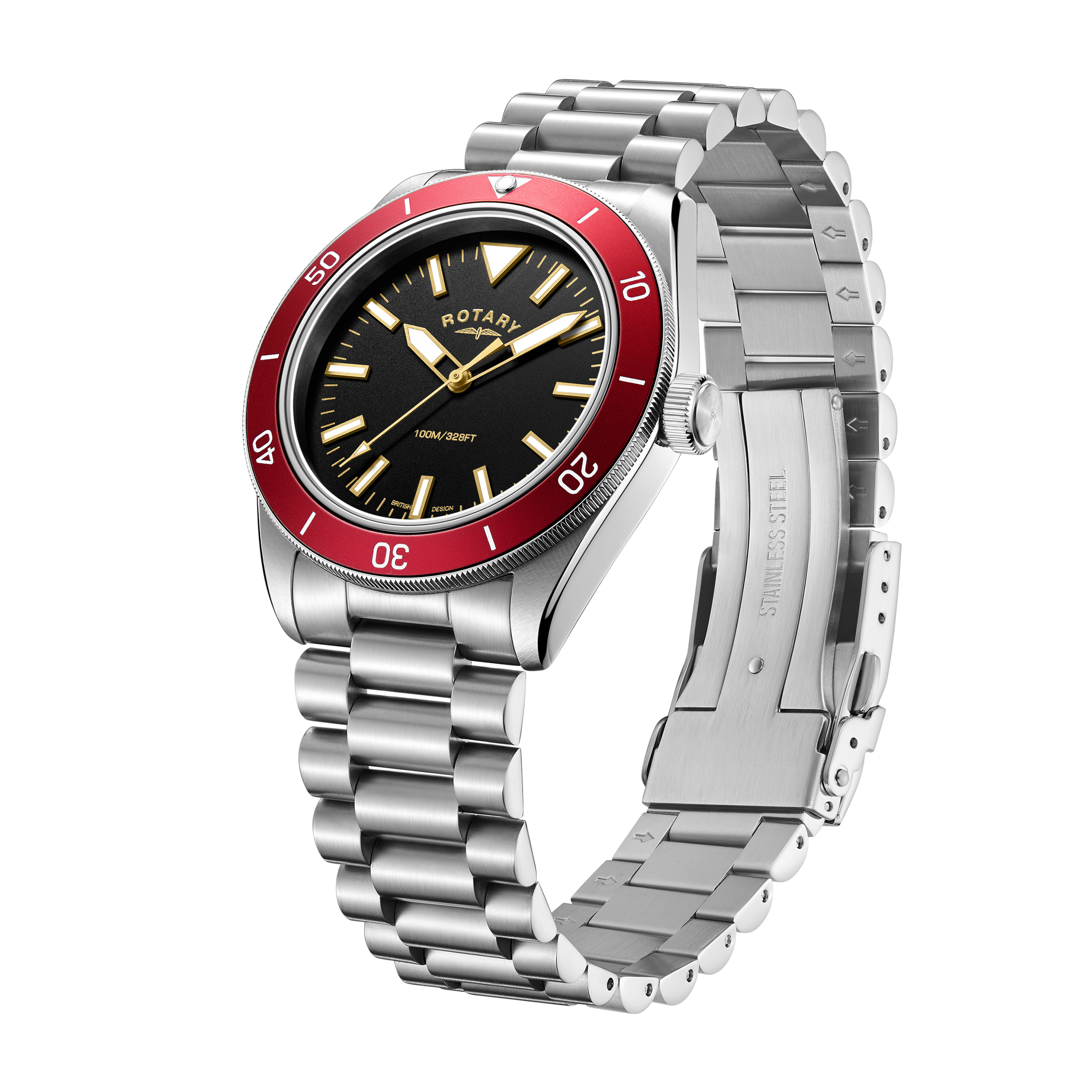 Rotary mens dive watch in stainless steel with a red bezel and black dial with gold accenting