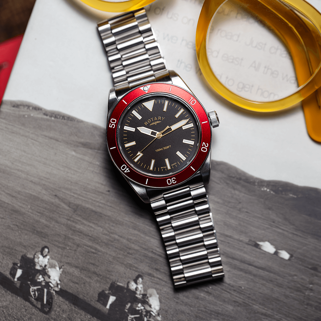 Rotary GB05660-81 mens watch in stainless steel with a red bezel and black dial