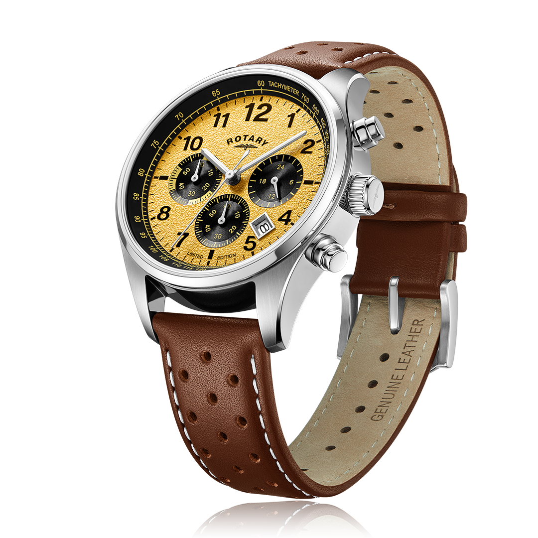 Rotary clutch watch with a stainless steel case and brown leather strap