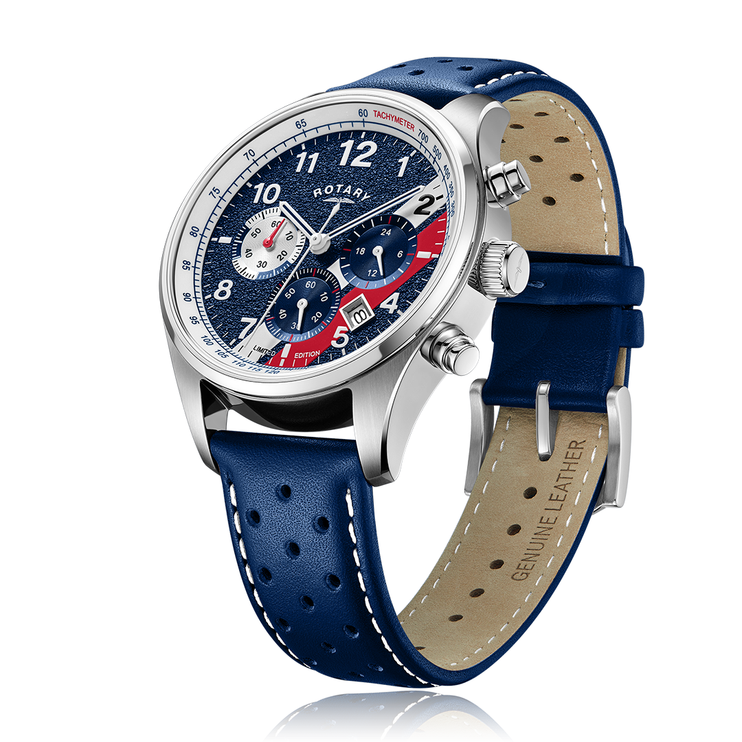 Rotary cooler watch with a stainless steel case and blue leather strap