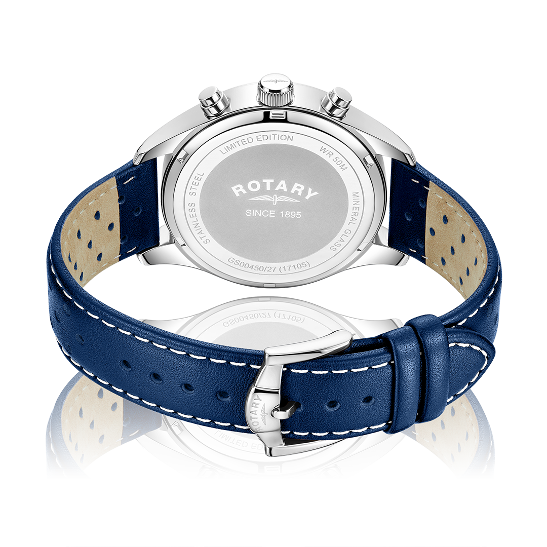 Rotary cooler watch with a stainless steel case and blue leather strap
