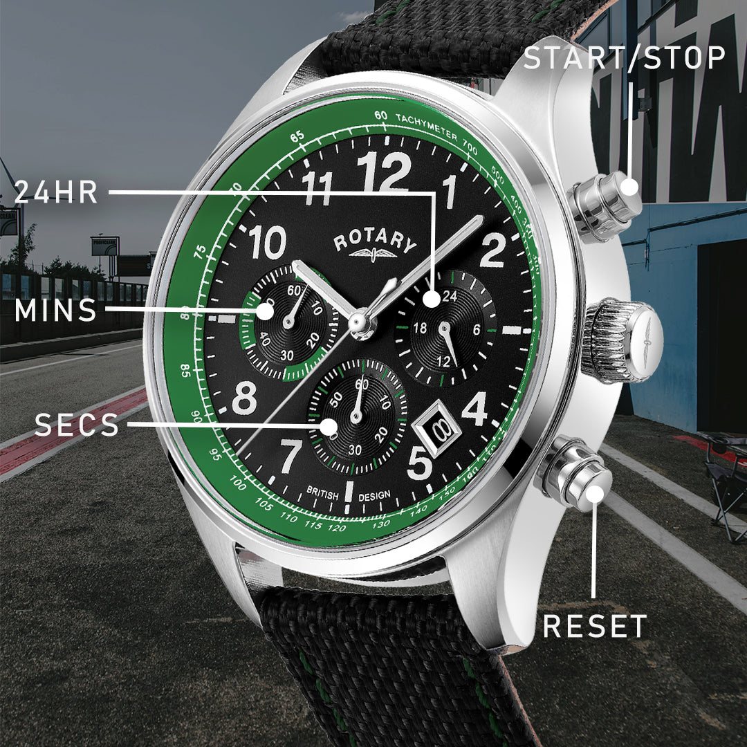 A green dial Rotary chronograph 1977 watch on a racing track background