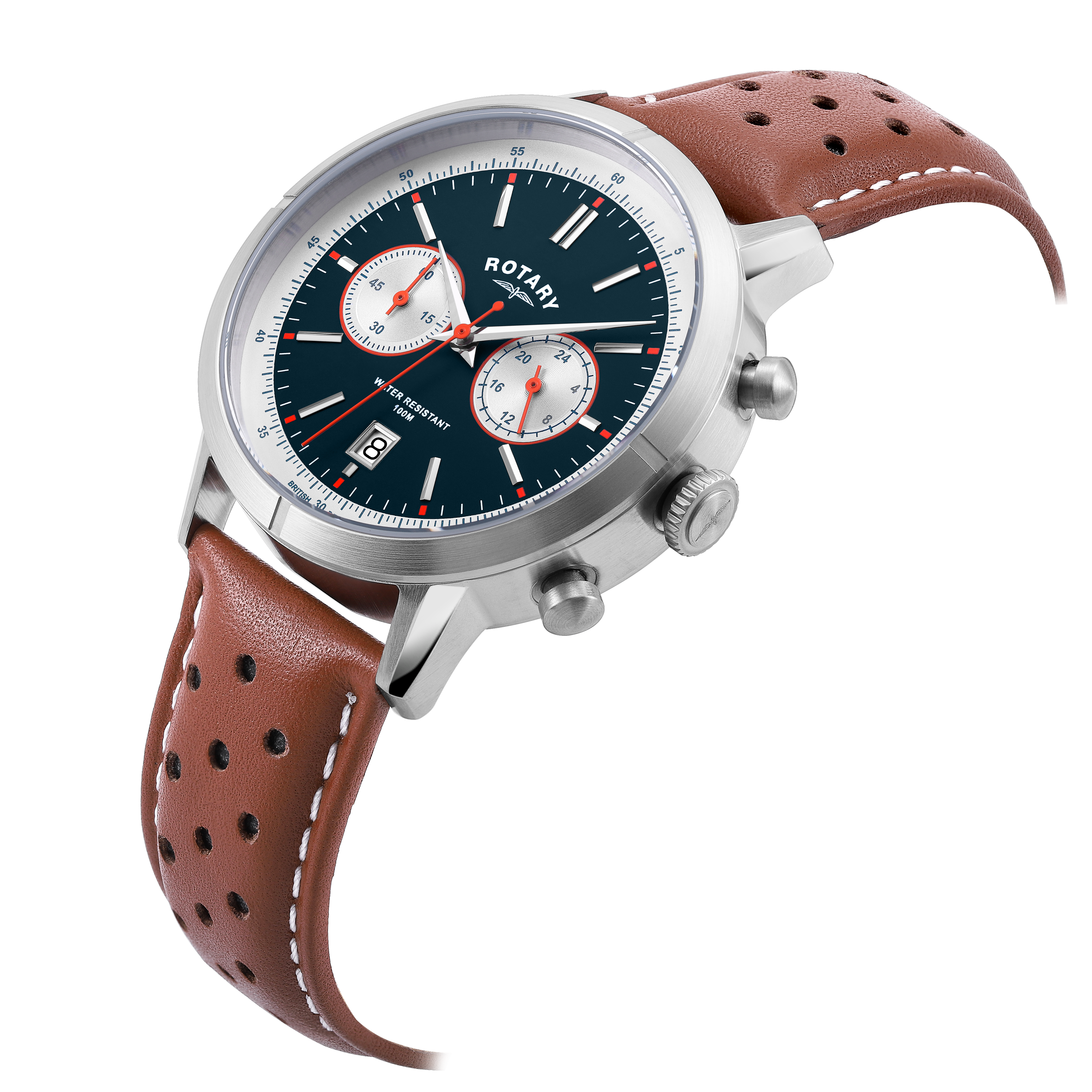 Rotary mens watch with a stainless steel case and brown leather strap. With a blue and cream dial and date window