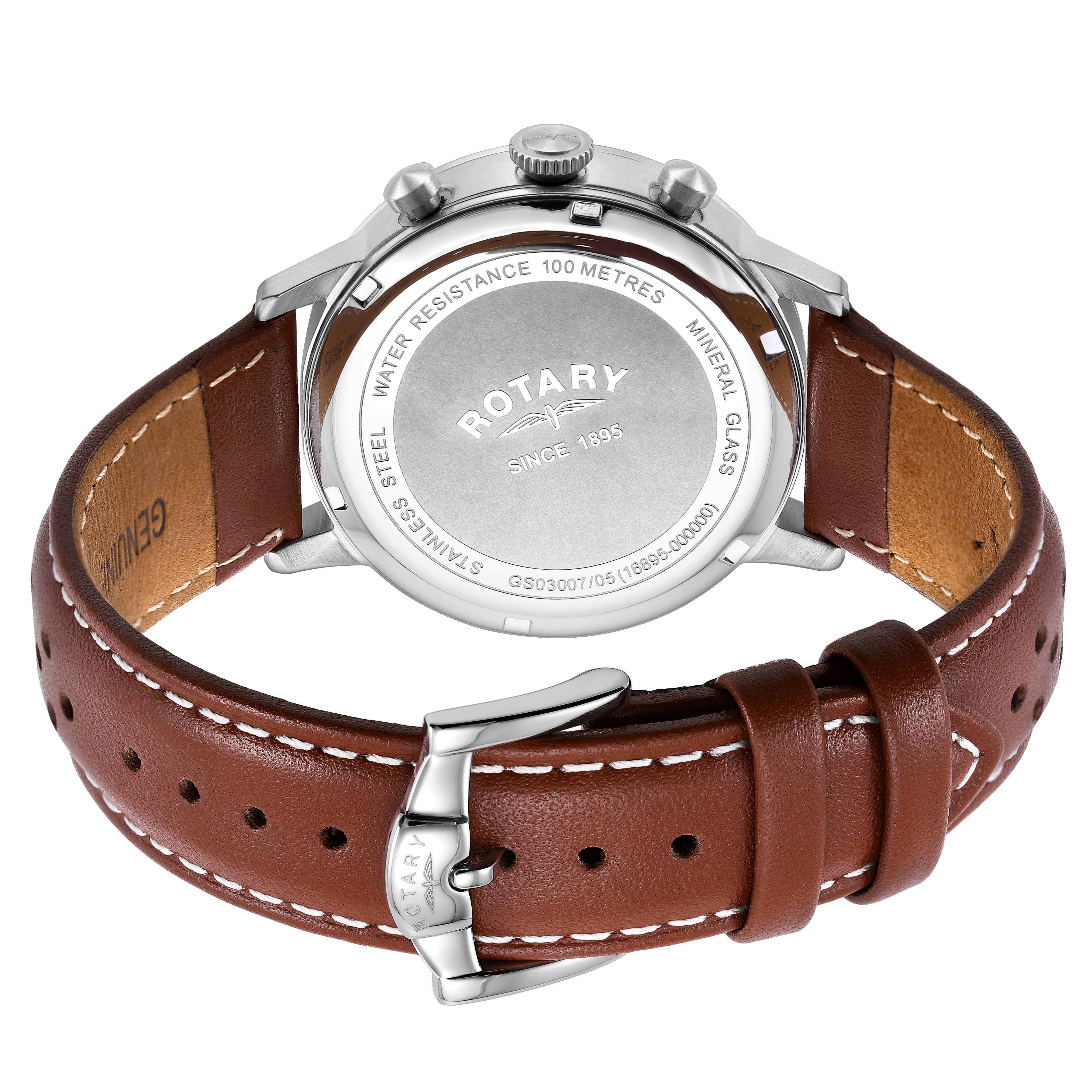 Rotary mens watch with a stainless steel case and brown leather strap