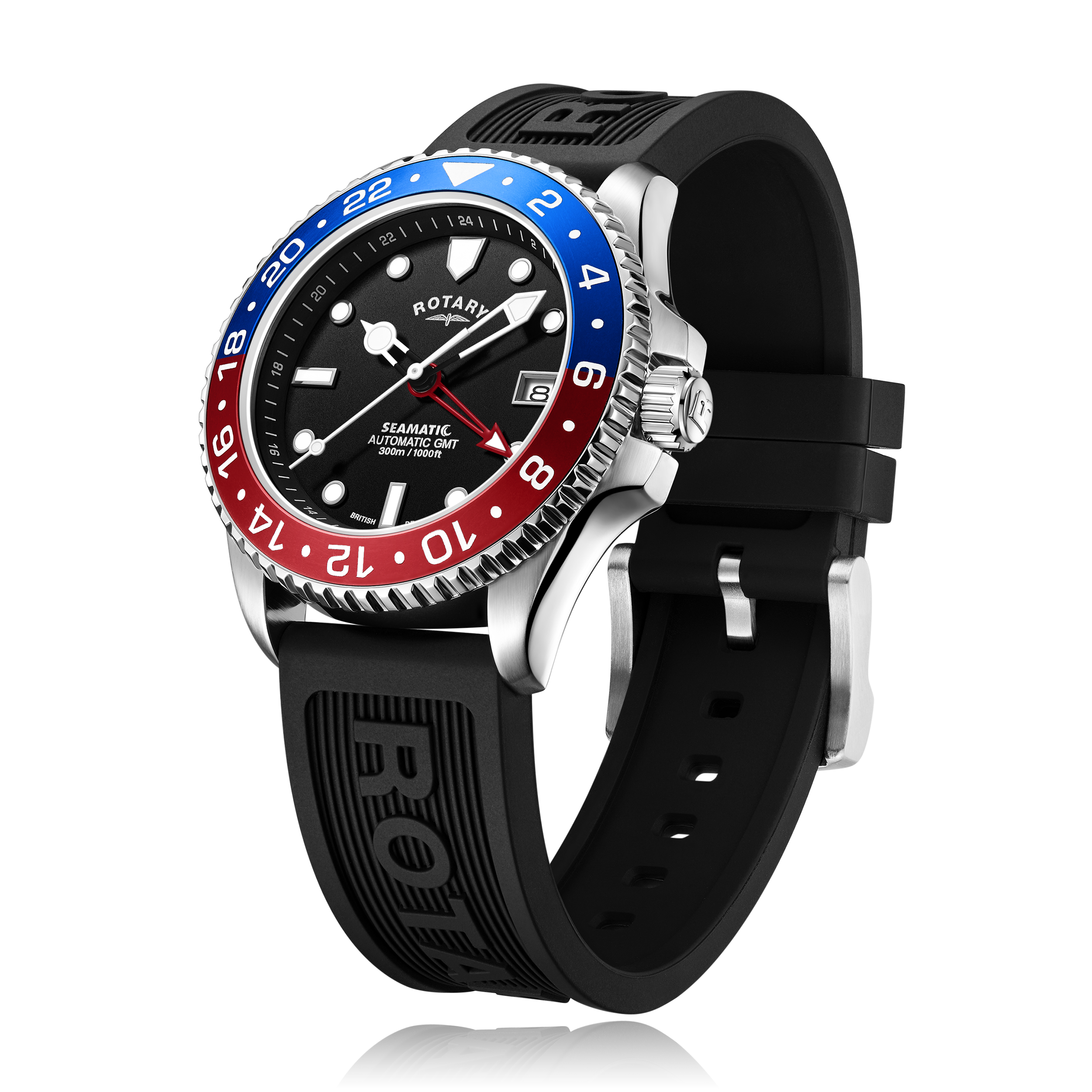 Rotary seamatic mens watch in stainless steel with a red and blue split bezel. The watch features a black textured dial with skeletonised white hands and a red GMT hand. The watch also features a silicone strap