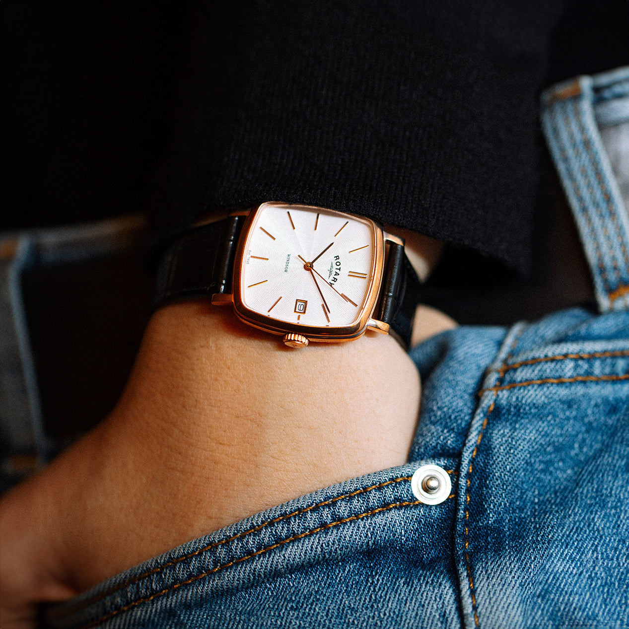 Rotary mens watch in rose gold with a black leather strap