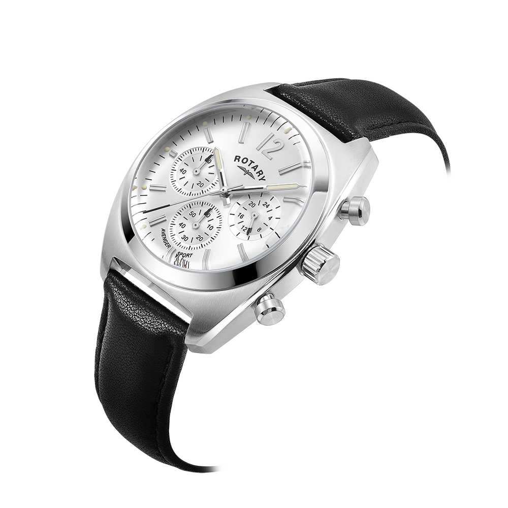 Rotary chronograph mans watch with a stainless steel case and black leather strap. The watch has a silver dial and subdials