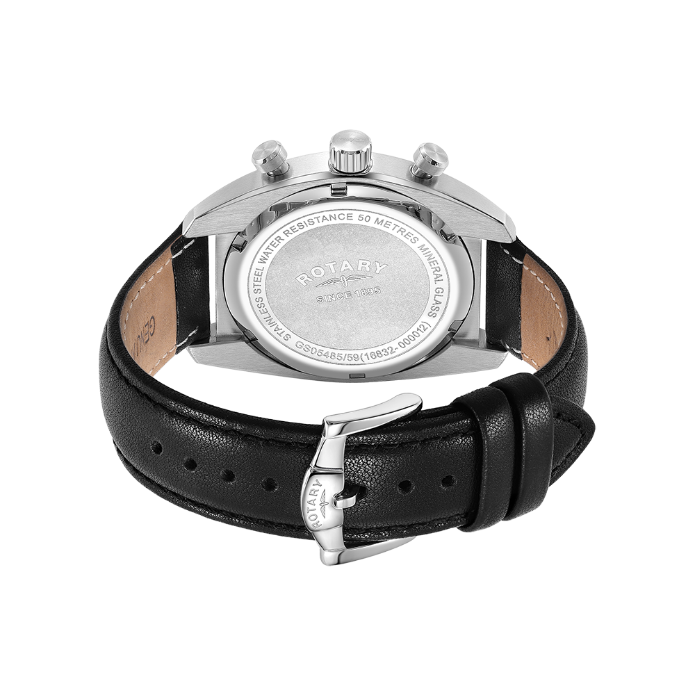 Rotary Chronograph mans watch with a stainless steel case and black leather strap