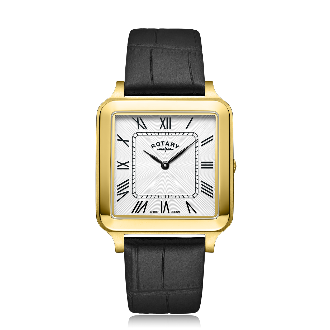 A mans rotary watch with a gold case and black leather strap. The watch dial is white and features a guilloche pattern with two black hands in a classical style, completed with black roman numerals