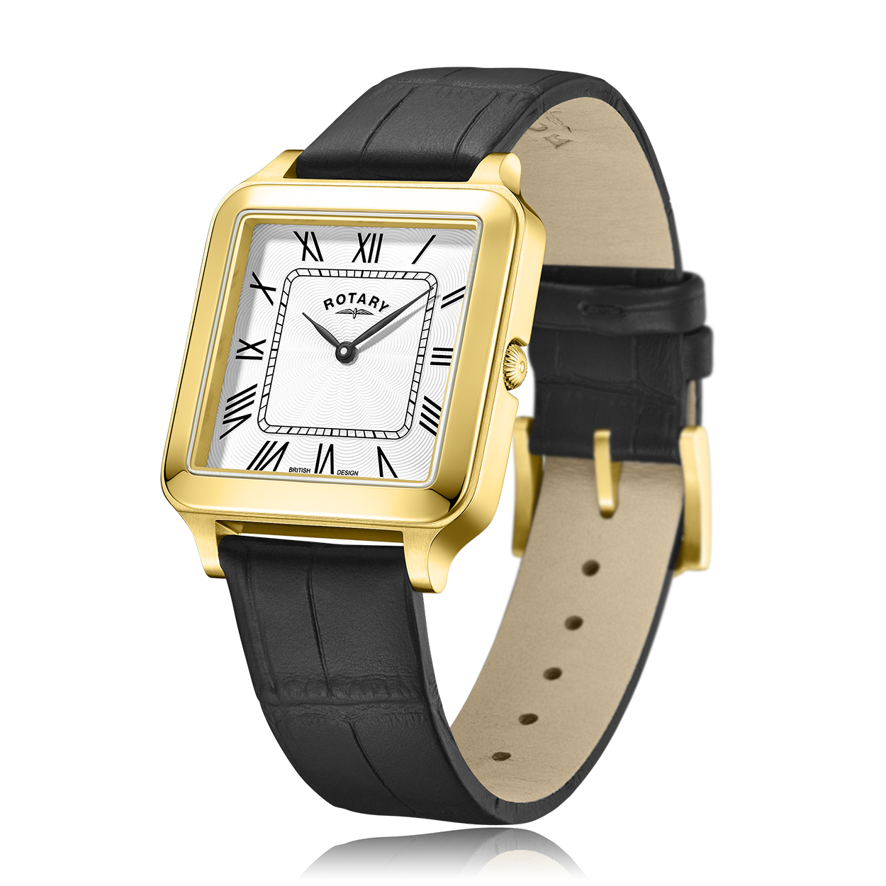 A mans rotary watch with a gold case and black leather strap. The watch dial is white and features a guilloche pattern with two black hands in a classical style, completed with black roman numerals