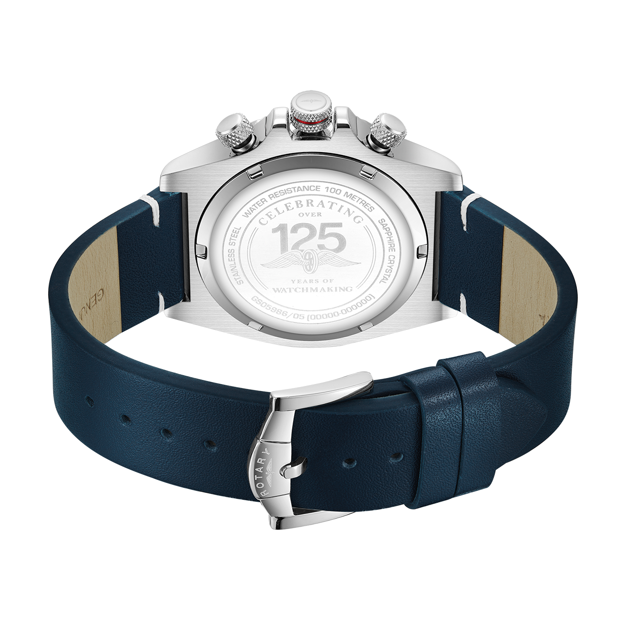 rotary chronograph pilots watch in stainless steel with a blue dial, blue bezel and blue leather strap