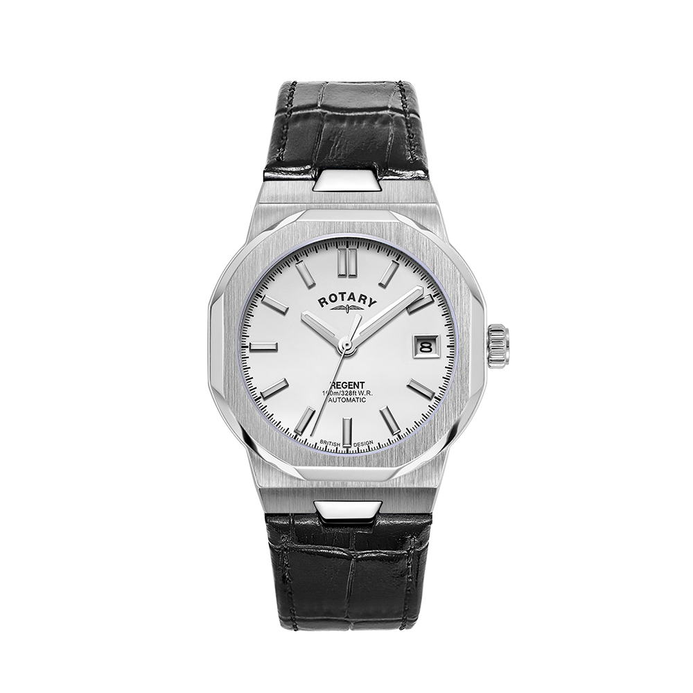 rotary regent automatic ladies watch with a stainless steel case, a white dial and a black leather strap