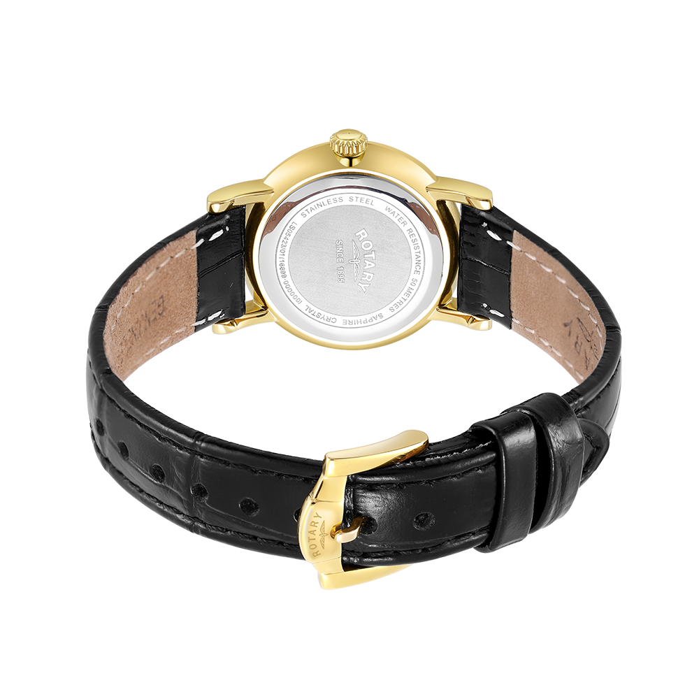 Rotary ladies gold watch with black leather strap