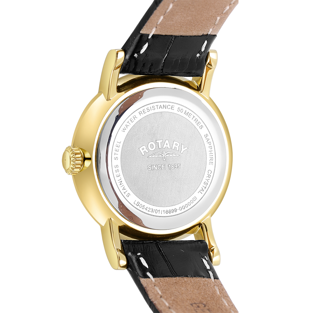 Rotary ladies gold watch with black leather strap and Rotary branded caseback