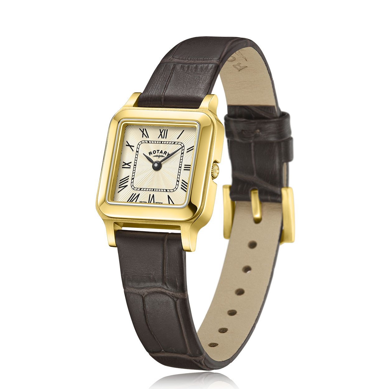 Ladies rotary watch with a gold case and brown strap. The watch dial is a champagne guilloche pattern and has two black hands in a classical style, completed with black roman numerals