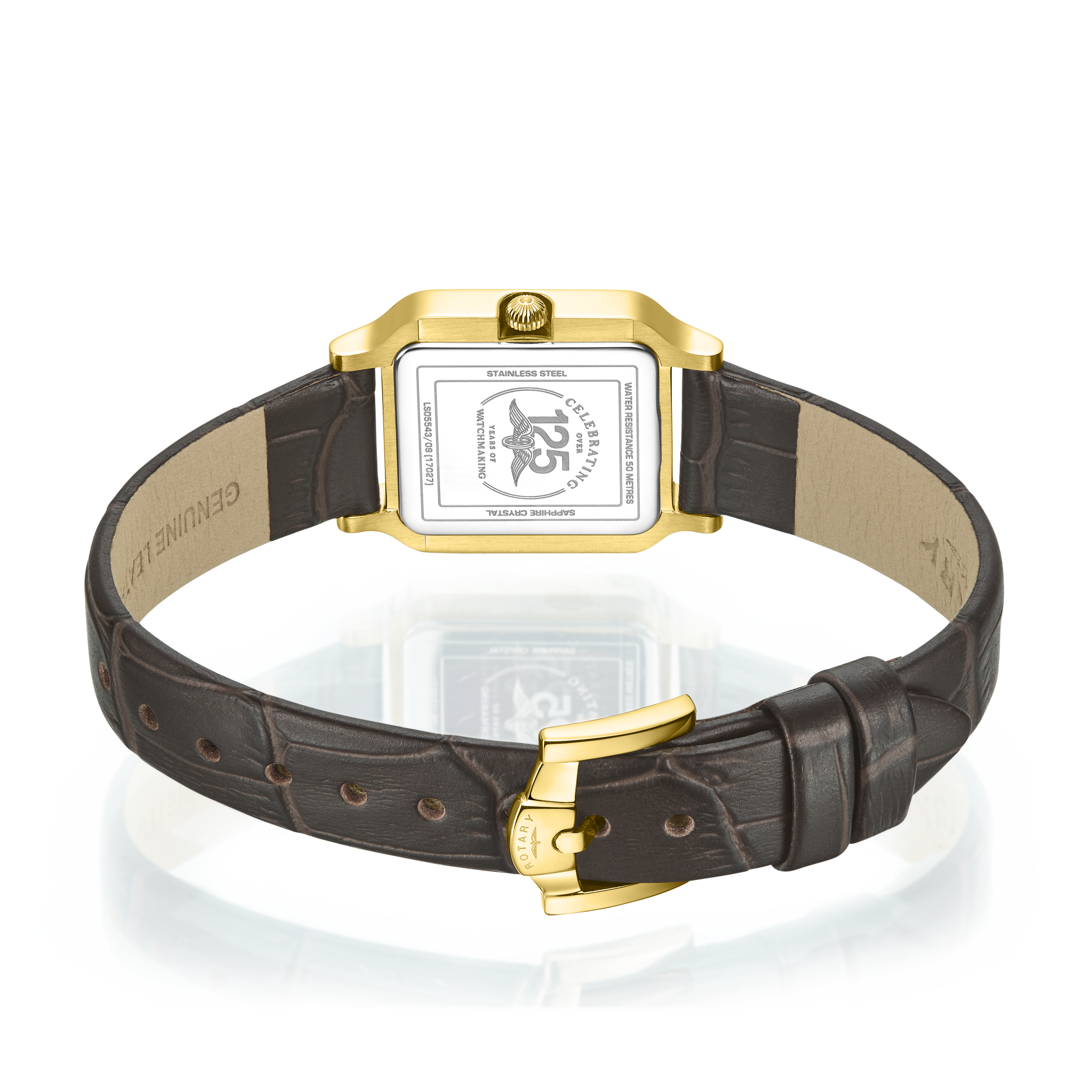Ladies rotary watch with a gold case and brown strap.