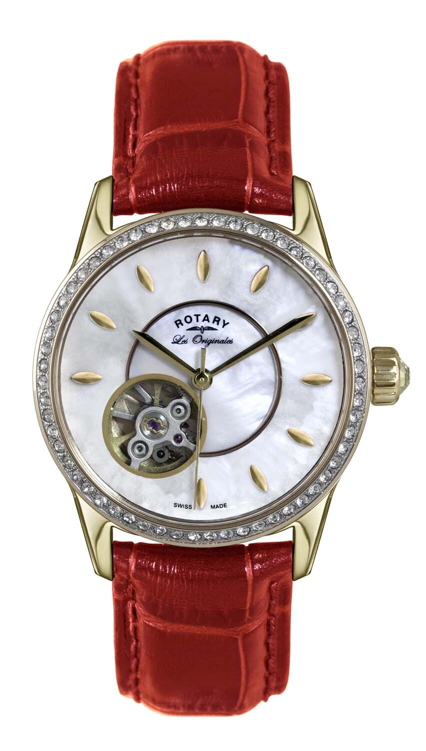 Rotary ladies gold watch with a red leather strap