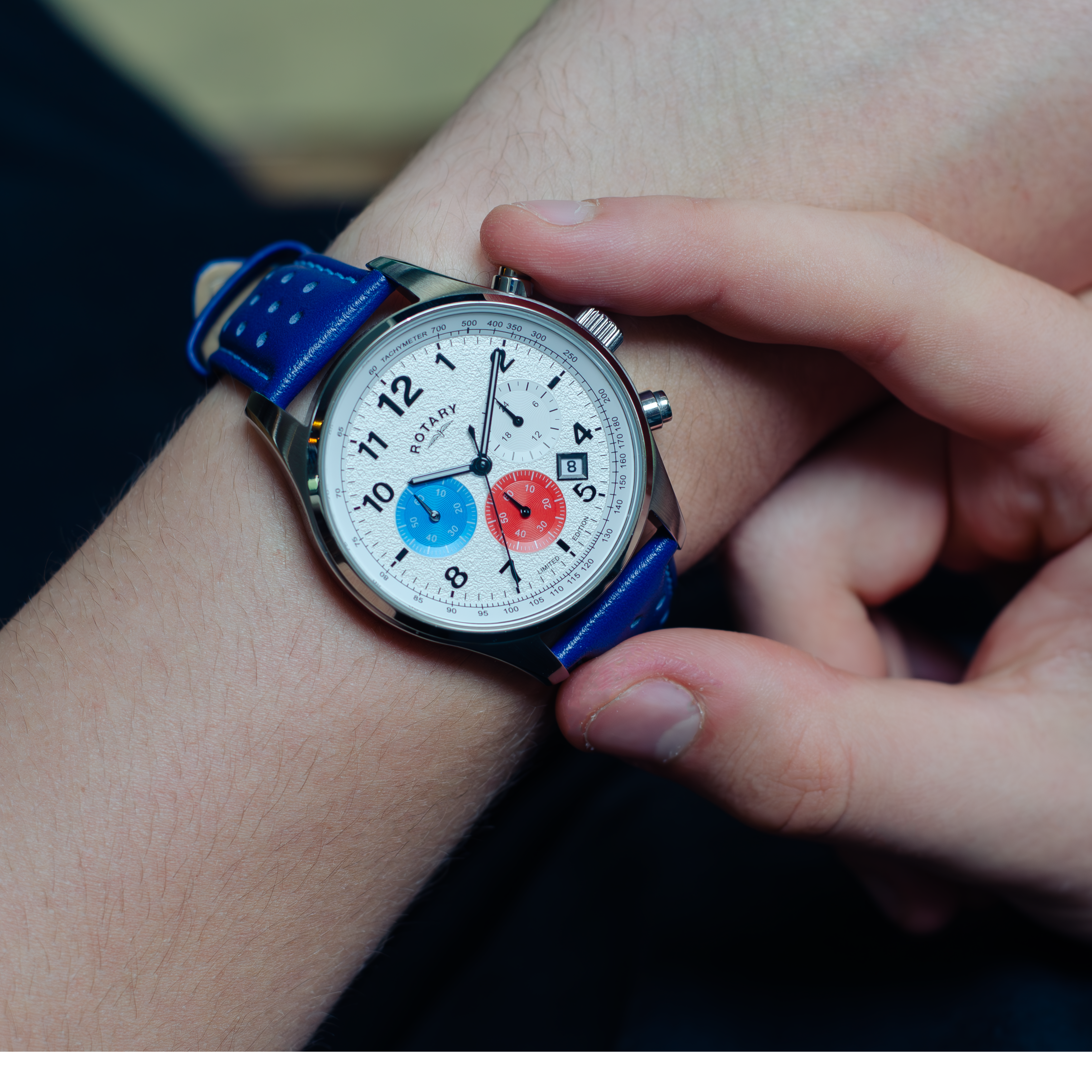 A man wearing the Rotary Chronograph 1977 Bianco watch