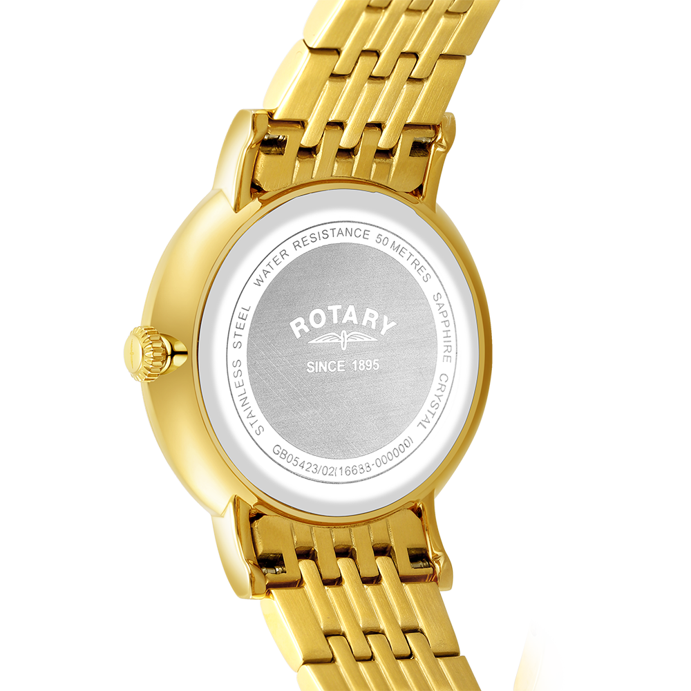 Rotary mens gold watch with gold bracelet and rotary branded caseback