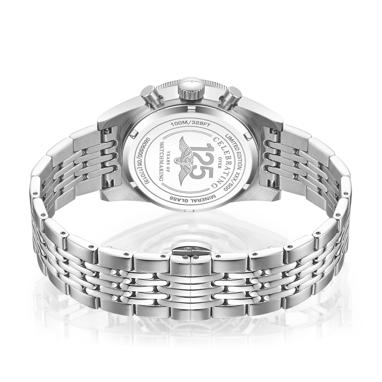rotary mens chronograph watch with a stainless steel case and bracelet