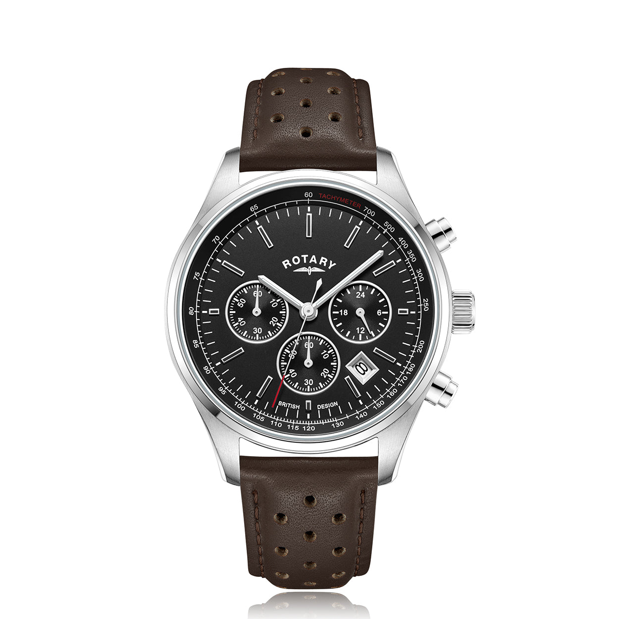 Rotary mens chronograph watch with a stainless steel case and brown leather strap. The watch has a black dial with 3 sub dials and a date window