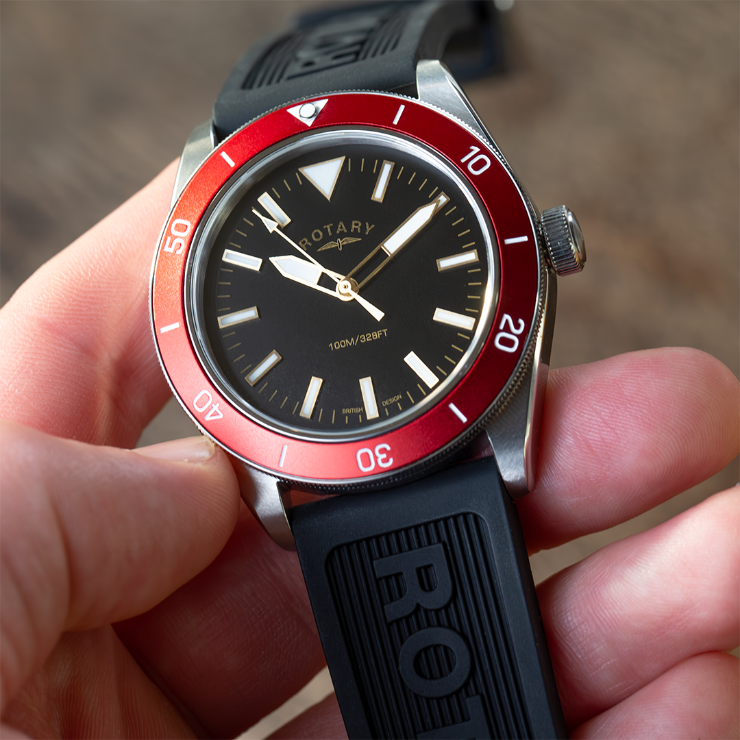 Rotary GS05660/81 watch in stainless steel with a red bezel and a silicone strap