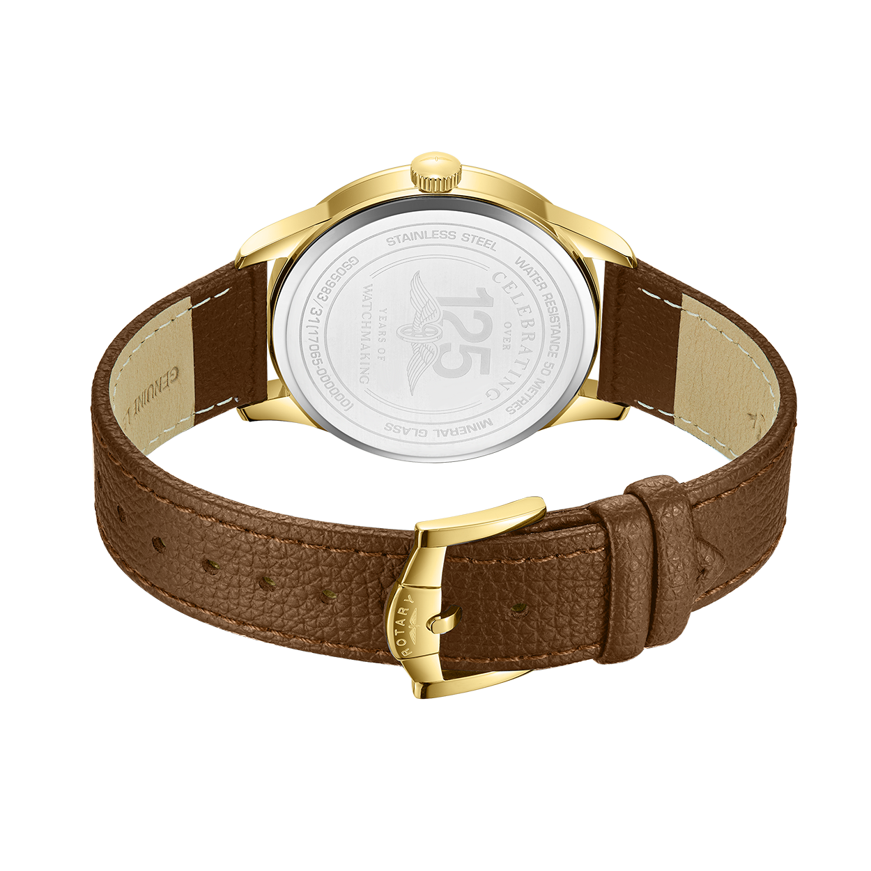 Rotary mens watch in gold PVD with a white dial and a brown leather strap