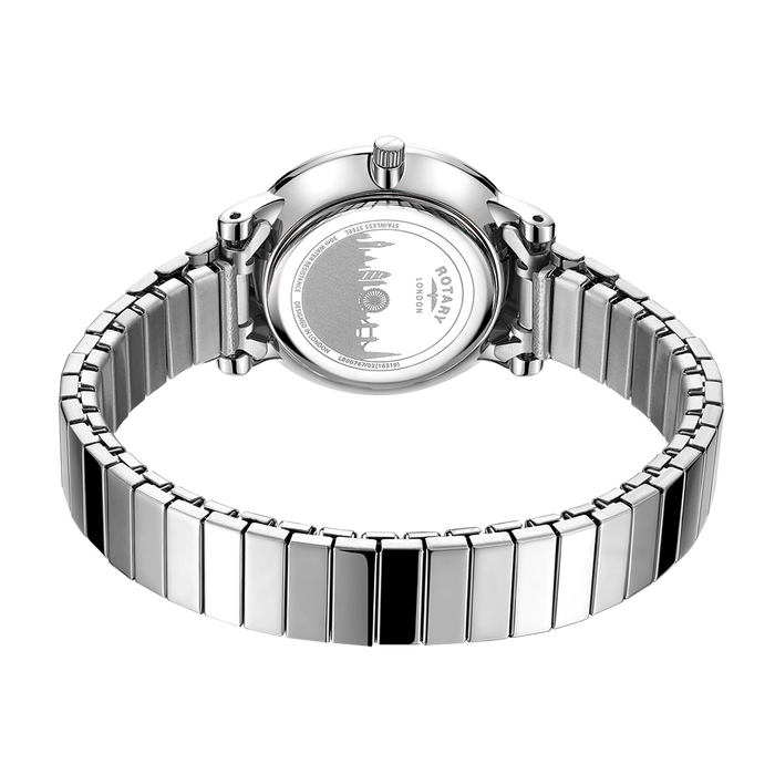 Rotary london expanding bracelet watch in stainless steel with a black dial and a two hand design