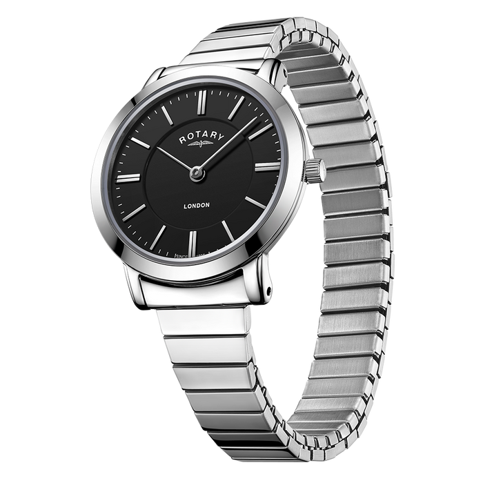 Rotary london expanding bracelet watch in stainless steel with a black dial and a two hand design